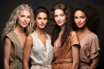 Fototapeta premium Portrait diversity beauty women with skincare smile and happy models, different and empowerment with motivation against studio background