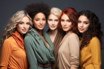 Fototapeta premium Portrait diversity beauty women with skincare smile and happy models, different and empowerment with motivation against studio background