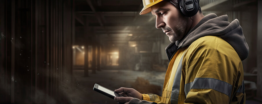 worker in yellow hard hat using phone at building construction.