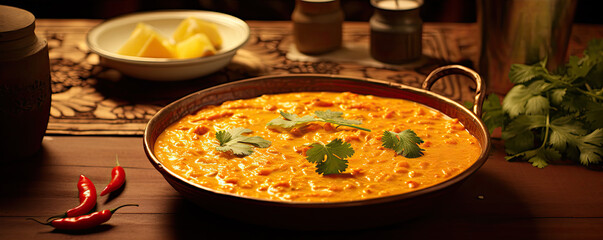Chicken Korma on decorated food table. Indian cuisine meat with curry, coconut, milk,masala. wide banner