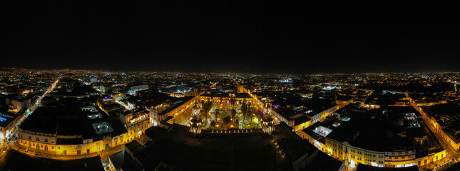 Aerial night view of the Plaza de Armas of Arequipa.