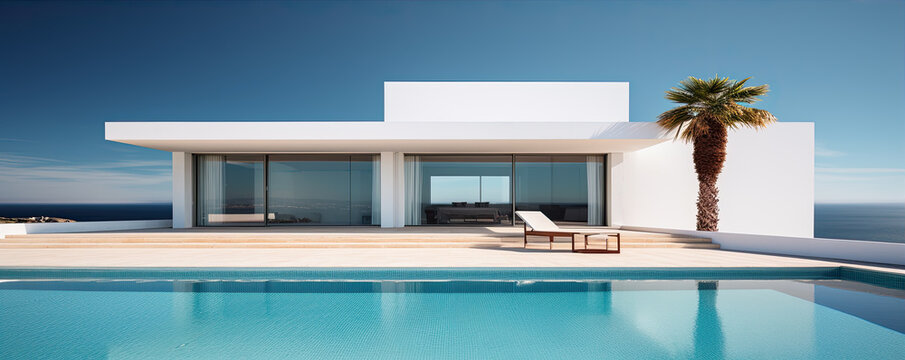 Modern clean minimalistic house with swimming pool and blue sky in summer day. Vacation best property.