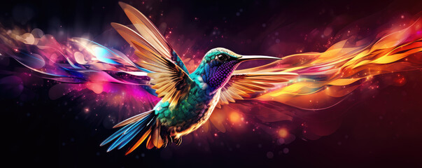 Hummingbird fly on black background. Colibri bird in vivid colors