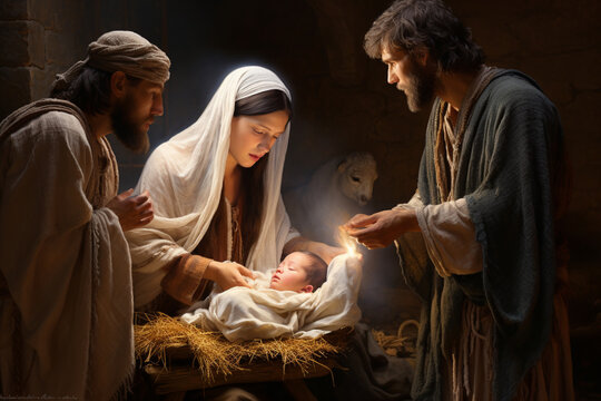 the birth of Jesus in a humble stable with Mary, Joseph, and the shepherds Generative AI