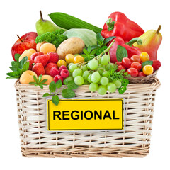Various regional fresh fruits and vegetables in a basket isolated on transparent background PNG cut...