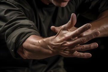 Mastery at Fingertips: Close-up of a seasoned Krav Maga instructor's hands skillfully demonstrating an effective self-defense move