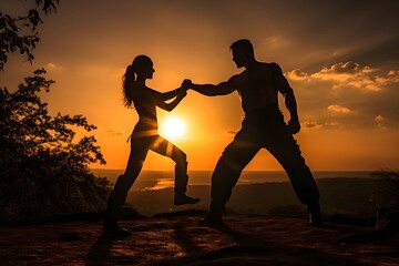 Defense Under the Dying Light: A captivating Krav Maga training session taking place outdoors as the sun sets, creating a dramatic backdrop to the intensive workout