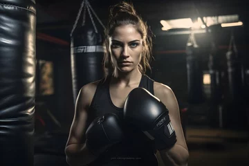 Fotobehang Bringing the Power: Determined woman rigorously training with a punching bag in a specialized Krav Maga gym, developing strength and technique © Davivd