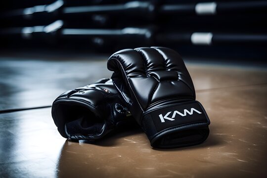 Ready for Action: A pair of Krav Maga gloves strategically placed on a gym floor, awaiting a session of powerful self-defense training - Powered by Adobe