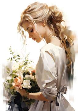 Woman blonde hair bride with bouquet flowers in hands draw by thick brush stroke. Beautiful wedding cartoon picture.  wide banner