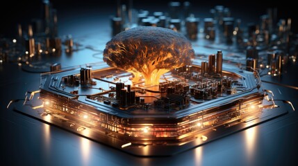 Human brain with circuit board, Ai chipset with human brain on computer circuit board. Artificial intelligence, Data mining, and Deep learning modern computer technology. Ai CPU concept.