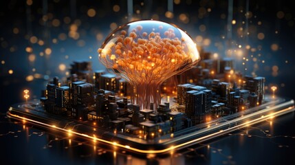 Human brain with circuit board, Ai chipset with human brain on computer circuit board. Artificial intelligence, Data mining, and Deep learning modern computer technology. Ai CPU concept.