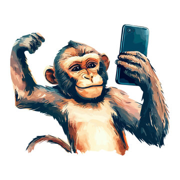 funny monkey with a smartphone taking selfie illustration, a monkey showing off his muscles