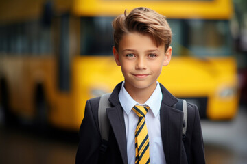 Portrait of a smiling happy caucasian elementary school boy dressed in a formal school uniform with a backpack on his back. Inauguration of the school year. Fictional person. Generated Ai