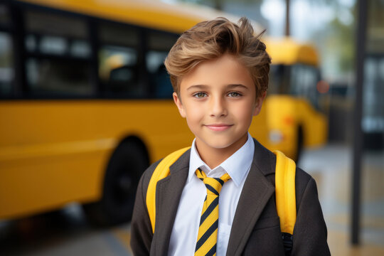 Portrait of a smiling happy caucasian elementary school boy dressed in a formal school uniform with a backpack on his back. Inauguration of the school year. Fictional person. Generated Ai