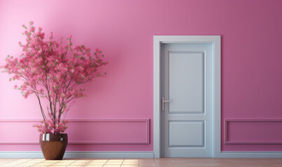 Empty pink room with wall and door, 3d illustration, mockup