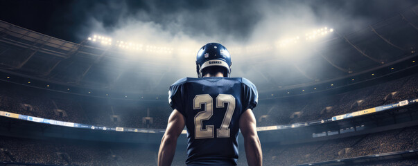 American football player on night stadium dark colors. action picture.  wide banner - obrazy, fototapety, plakaty