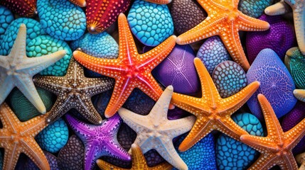 Sea star underwater on the bottom of the sea. Starfish colorful marine life close up detailed neon vivid colors. AI illustration.