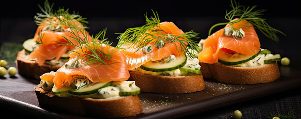 Fresh canapes topped with cheese, smoked salmon on bread.