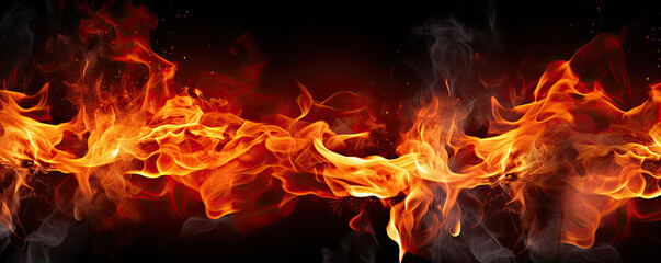 Fire flames on black wide background.