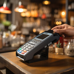 Close up of a barista using a credit card reader in a cafe. created with generative AI technology.