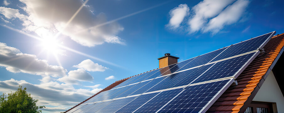 New house with solar panles mounted on roof.