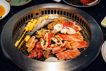 Close up grill beef wagyu and seafood with yakiniku Japanese style