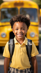 Portrait of a smiling happy multi-ethnic boy wearing his favorite elementary school t-shirt with a backpack on his back in the background of a school bus. A warm day. Fictional person. Generated Ai