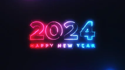 Fotobehang Happy New Year 2024 neon red blue streak particles bokeh background new year resolution concept. © sKjust