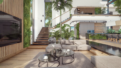3d rendering of expensive cozy interior with green walls with living dining zone stair and kitchen for sale or rent. Spacious apartments with expensive furniture, equipment and flowers