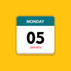 january 05 monday icon with yellow background, calender icon