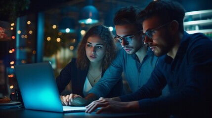 Young female and male creative business person working together in modern office interior studio late night,extra hours working at office, ai generate
