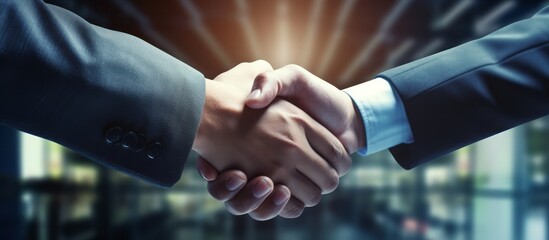 successful business agreement contract dealing businessman handshake close up hand palm with blur city building and office working space background,ai generate