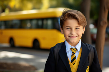 Portrait of a smiling happy caucasian elementary school boy dressed in a formal school uniform with a backpack on his back. Inauguration of the school year. Fictional person. Generated Ai