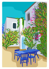 Greek traditional white house near the sea. Vector landscape.