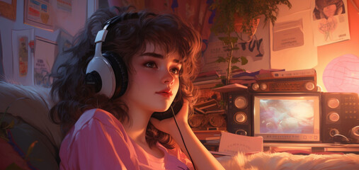 Beautiful girl listening to music in her headphones, Lofi hip hop music illustration
