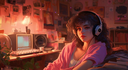 Beautiful girl listening to music in her headphones, Lofi hip hop music illustration
