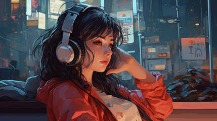 Beautiful girl listening to music in her headphones, Lofi hip hop music illustration