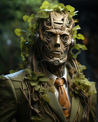 Man with a tree helmet, wearing a suit and tie, in the style of dreamlike surrealism, fashion costumes, ultra detailed. Created with Generative AI Technology.
