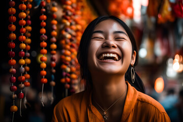 A teenage Asian girl laughing wholeheartedly as she walks through a colorful street market, her face aglow with pure joy and infectious energy. Generative AI