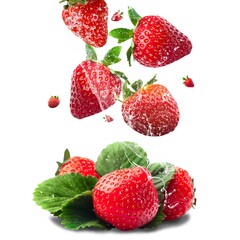 Obraz na płótnie Canvas Falling juicy fresh ripe sweet strawberries with leaves