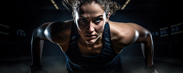 Fototapeta na wymiar Female athlete or sprinter run in fron of camera. black background