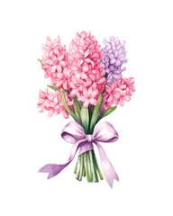 Bouquet of pink hyacinths tied with pink ribbon isolated on white background in watercolor style.