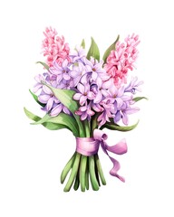 Bouquet of pink and purple hyacinths tied with pink ribbon isolated on white background in watercolor style.