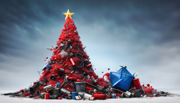 Garbage christmas tree with copy space, waste and overconsumption concept
