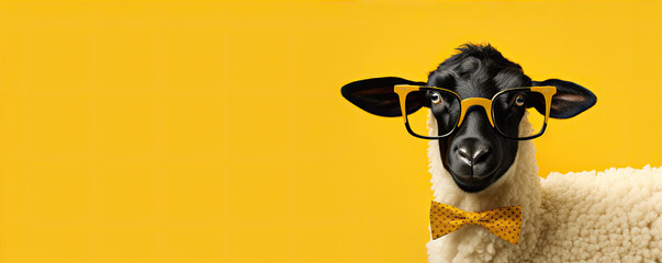 Funny sheep with cool glasses with colored tie.  On blue color full vivid background.