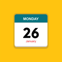 january 26 monday icon with yellow background, calender icon