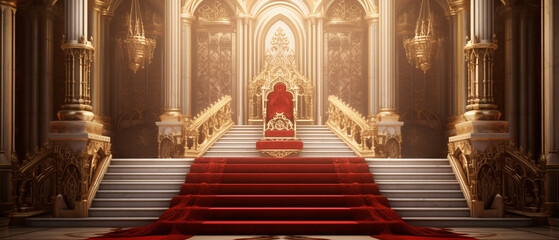 3D render of Royal throne hall generated by AI, Throne of the kings, VIP throne, Red royal throne - obrazy, fototapety, plakaty