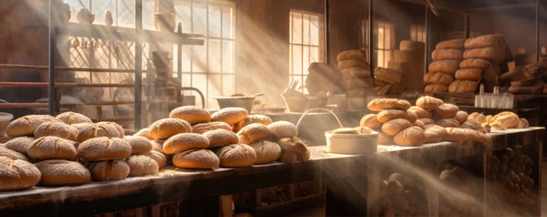 Poster Old cozy bakery with assortment of bread. panorama photo © Michal