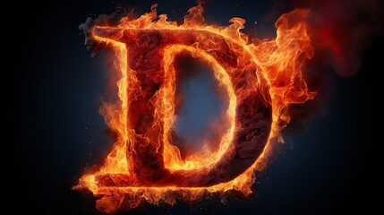 3D letter D in blazing fire on black background